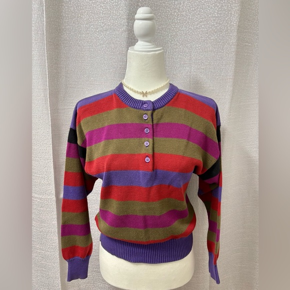 Liz Claiborne Sweaters - Vintage Liz Claiborne Women’s Multicolor Striped Crew Neck Sweater Size Small
